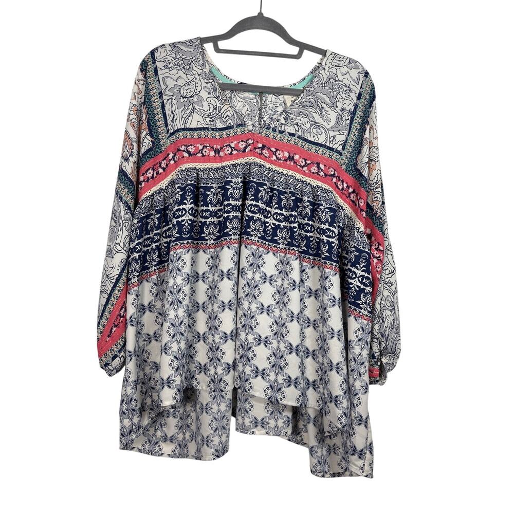 Knox Rose Boho Patchwork Tunic Blouse Blue Coral Pink Geometric Floral Top XXL